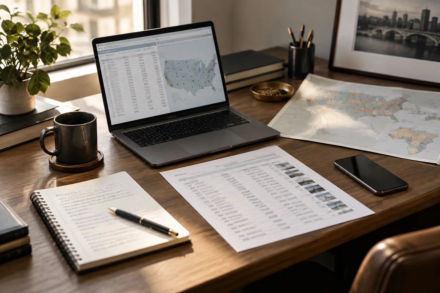 Market research workspace with US and South African maps and business data