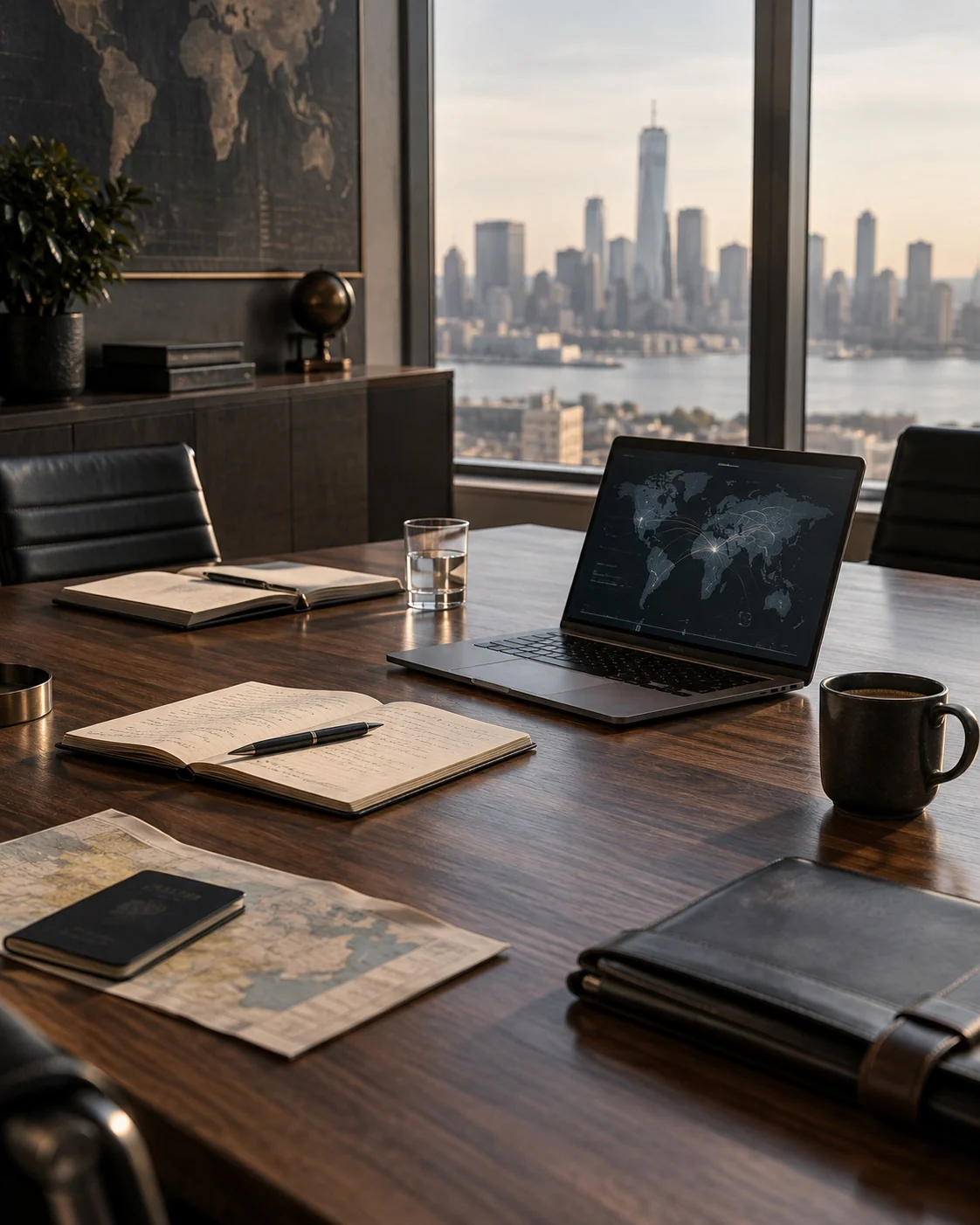 A refined professional workspace prepared for an international business meeting