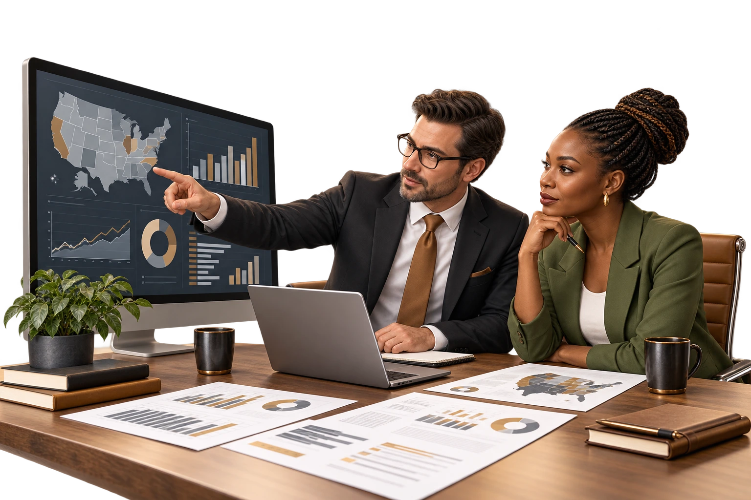 U.S. Market Research: illustrated business support scene.