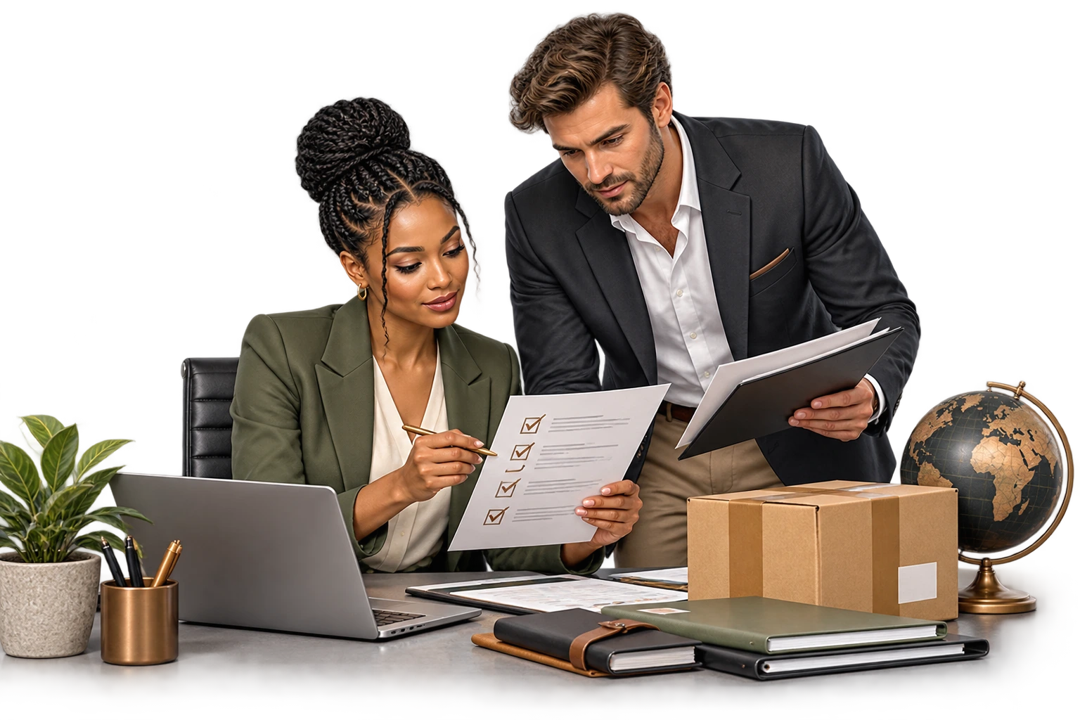 Business Setup Support: illustrated business support scene.